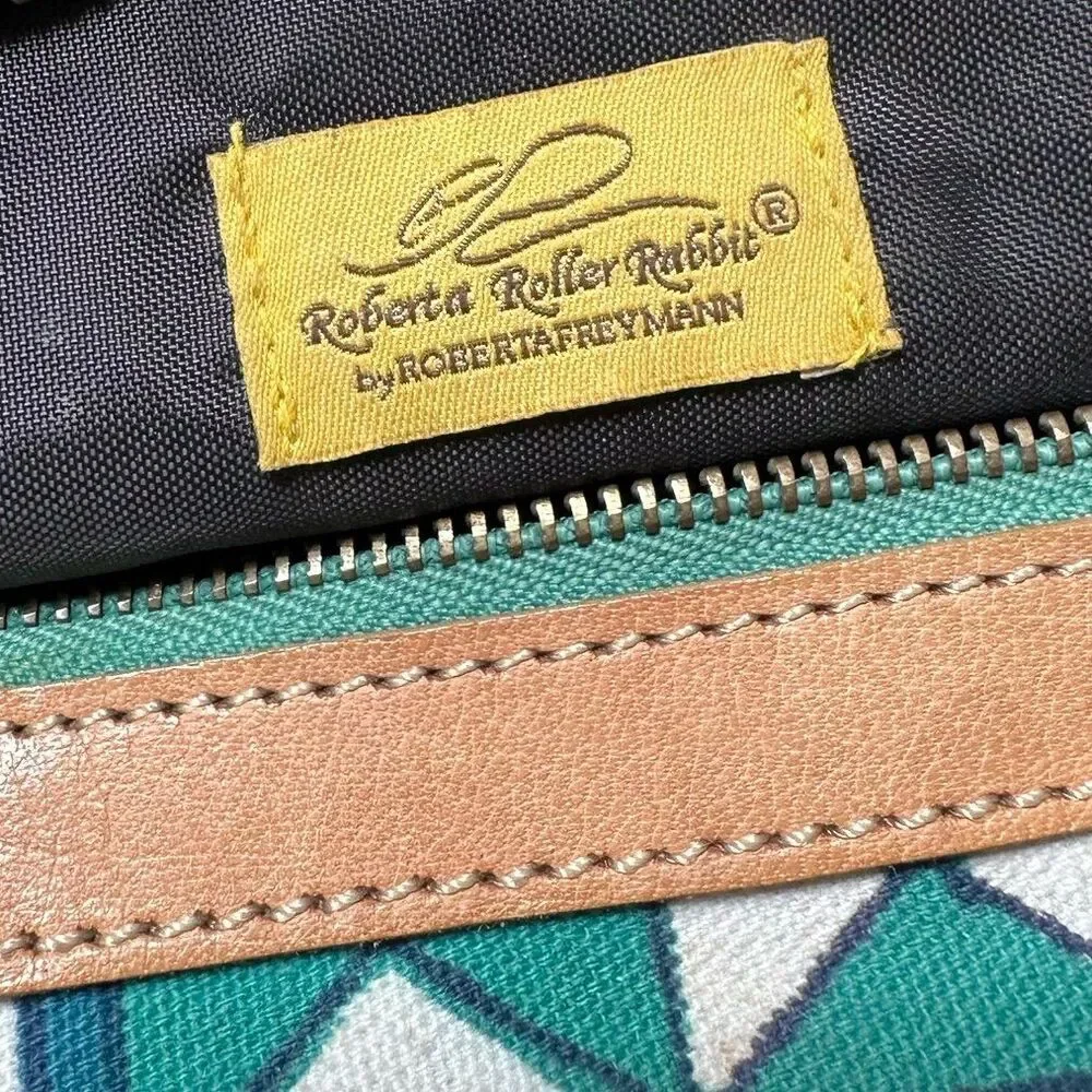 Roberta Roller Rabbit Travel Toiletry Bag Canvas Geometric Print Leather Trim